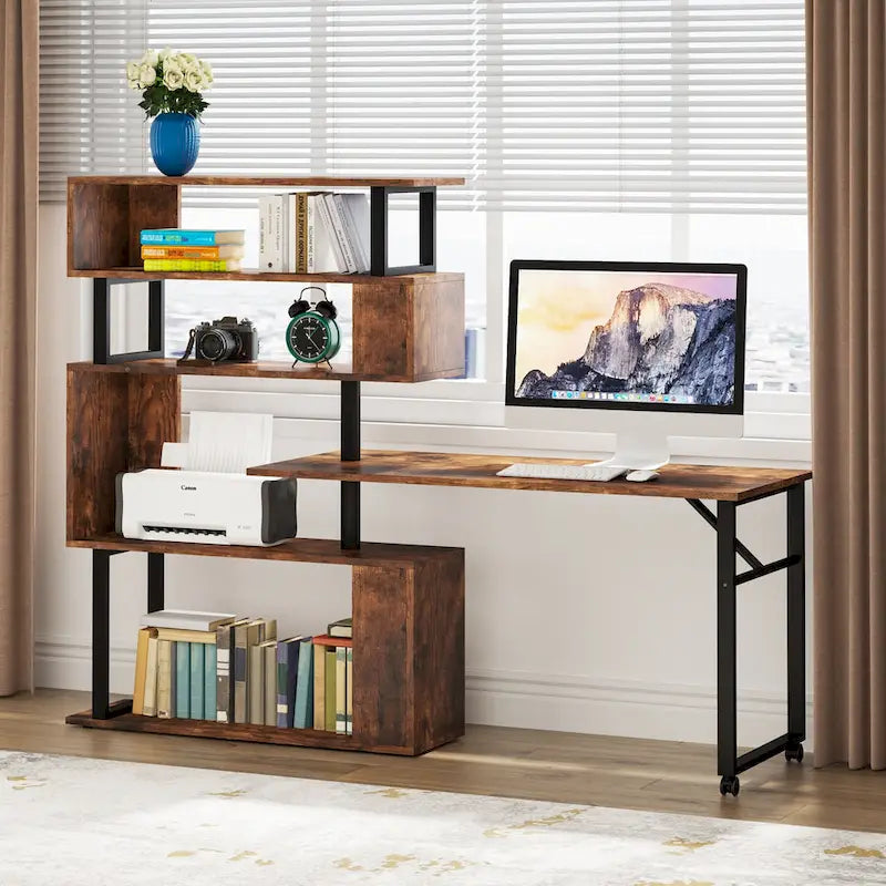 Rotating L-Shaped Computer Desk with 5-Shelf Open Bookshelf Storage