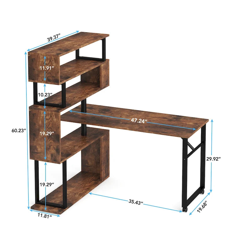 Rotating L-Shaped Computer Desk with 5-Shelf Open Bookshelf Storage