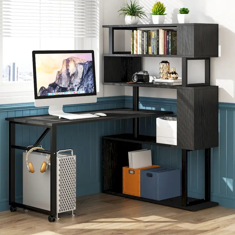 Rotating L-Shaped Computer Desk with 5-Shelf Open Bookshelf Storage