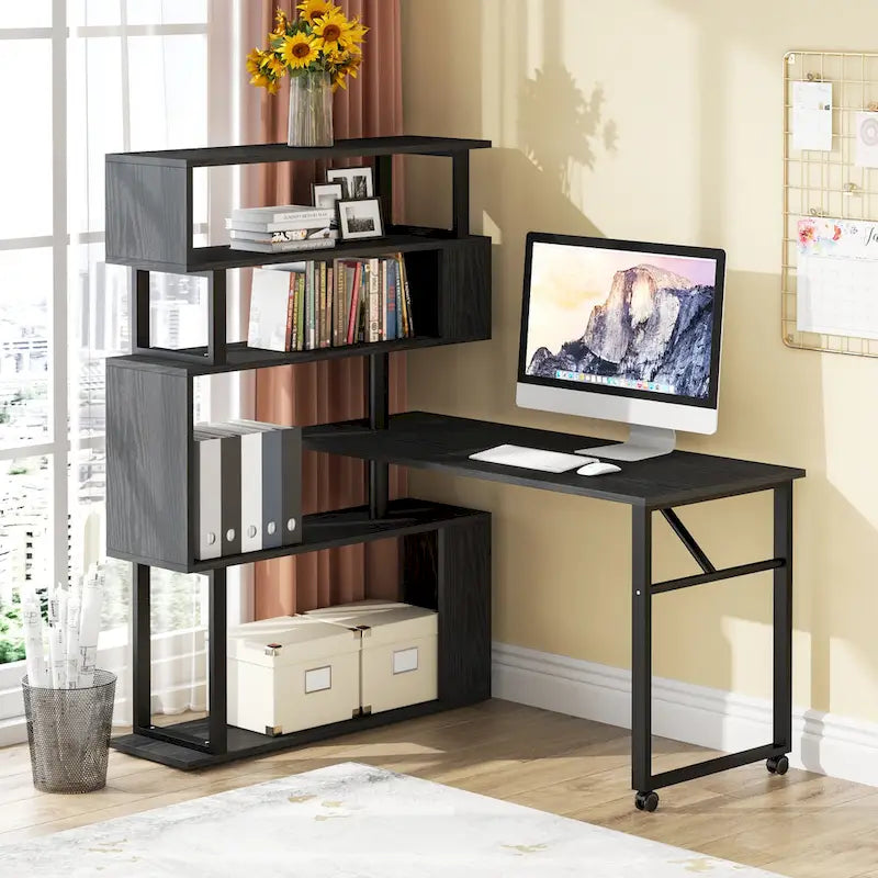Rotating L-Shaped Computer Desk with 5-Shelf Open Bookshelf Storage