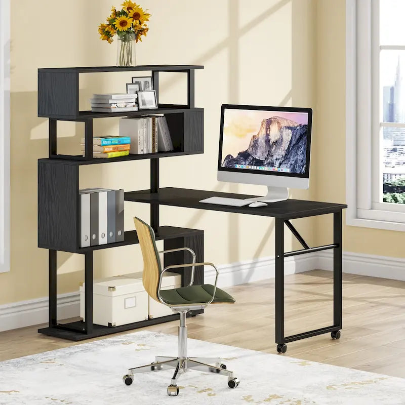 Rotating L-Shaped Computer Desk with 5-Shelf Open Bookshelf Storage