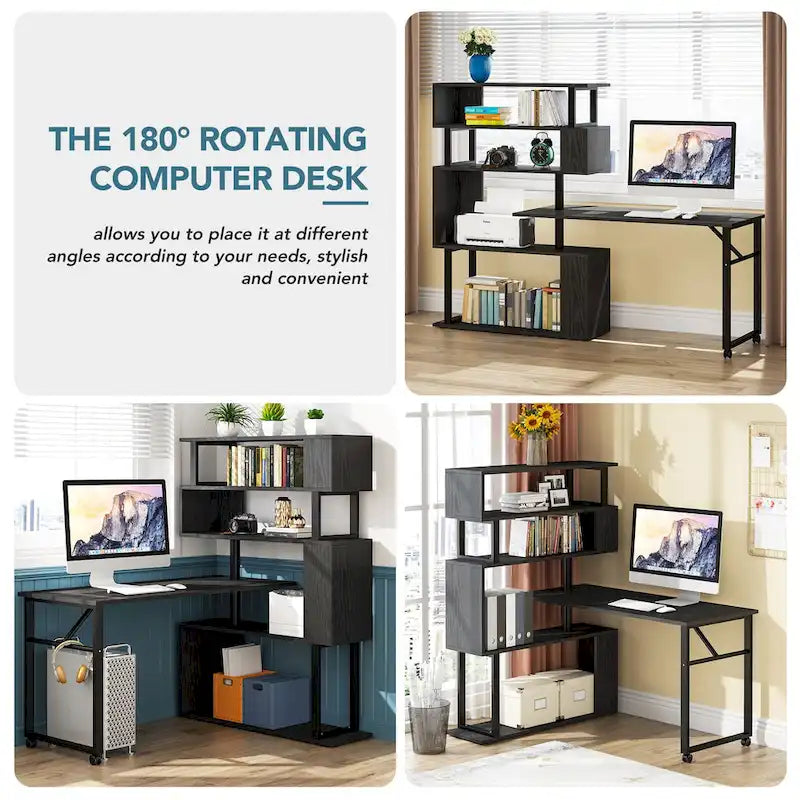 Rotating L-Shaped Computer Desk with 5-Shelf Open Bookshelf Storage