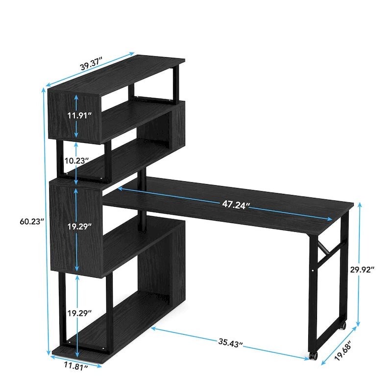 Rotating L-Shaped Computer Desk with 5-Shelf Open Bookshelf Storage