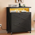 Rustic Wood Lateral File Cabinet with LED Lighting and Charging Station, Black or White