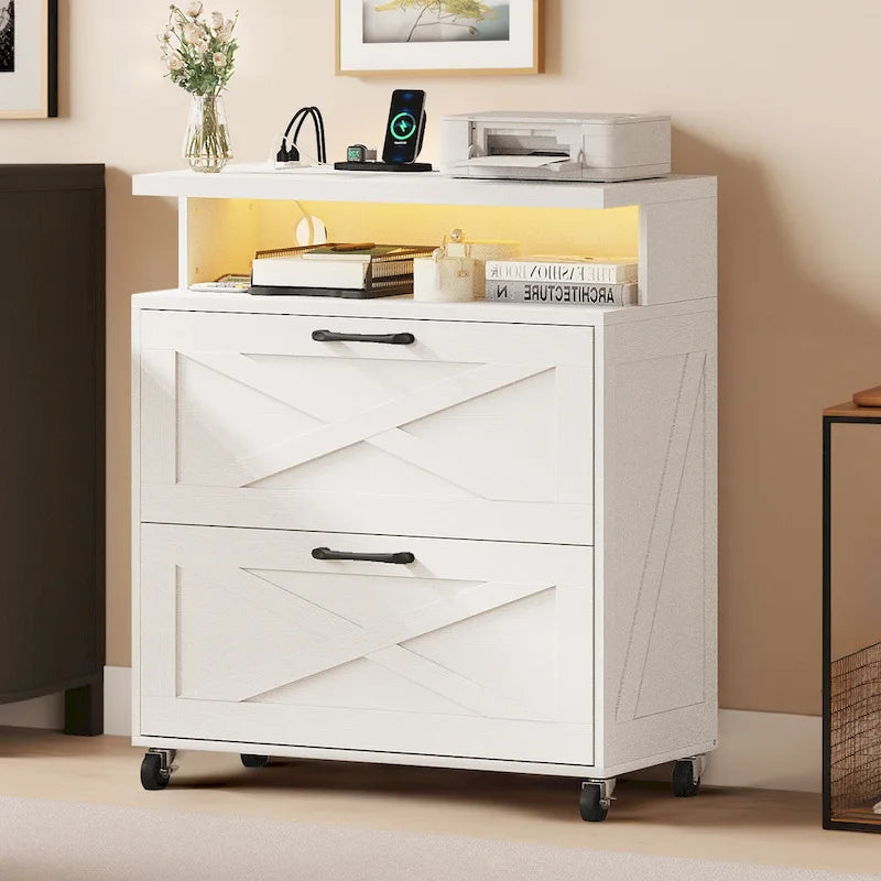 Rustic Wood Lateral File Cabinet with LED Lighting and Charging Station, Black or White