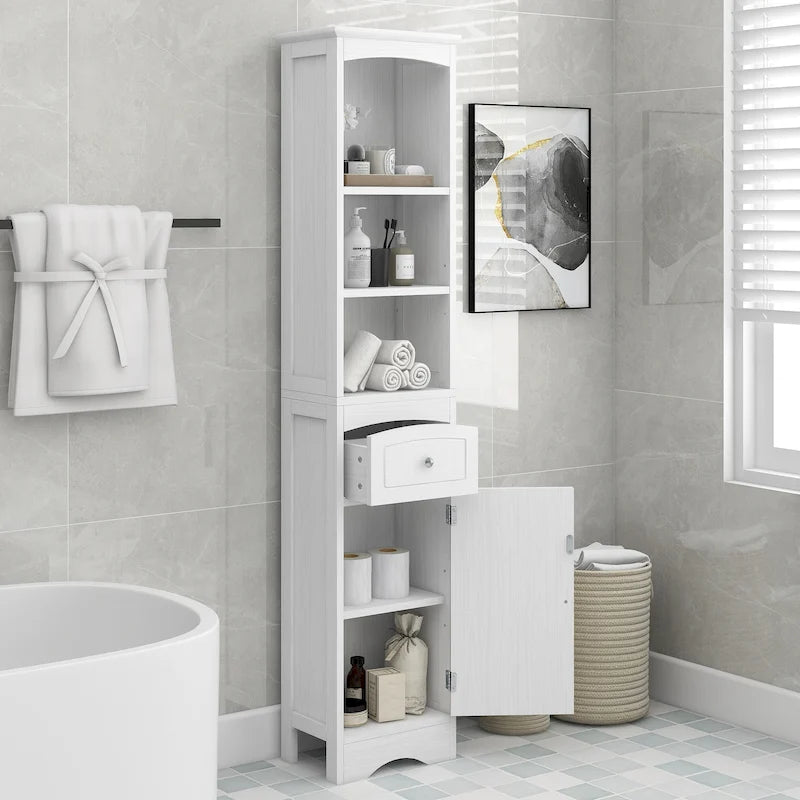 Tall Freestanding Bathroom Storage Cabinet with Drawer Open Shelves White Painted