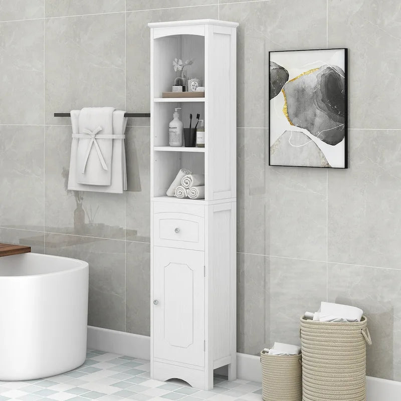 Tall Freestanding Bathroom Storage Cabinet with Drawer Open Shelves White Painted