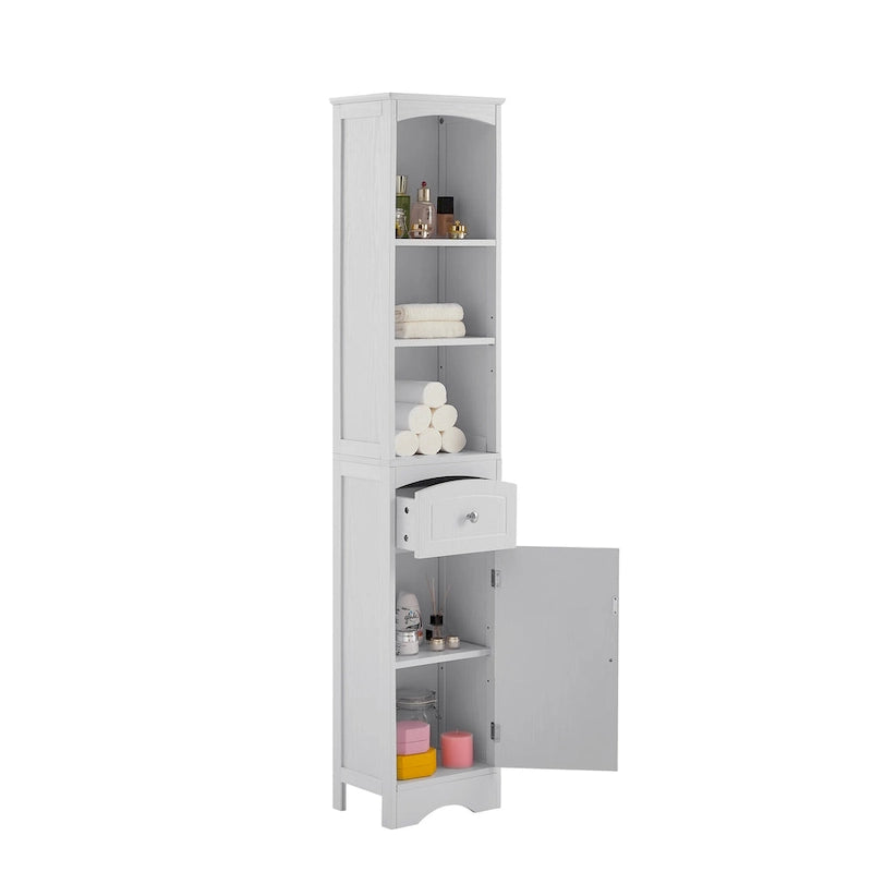 Tall Freestanding Bathroom Storage Cabinet with Drawer Open Shelves White Painted