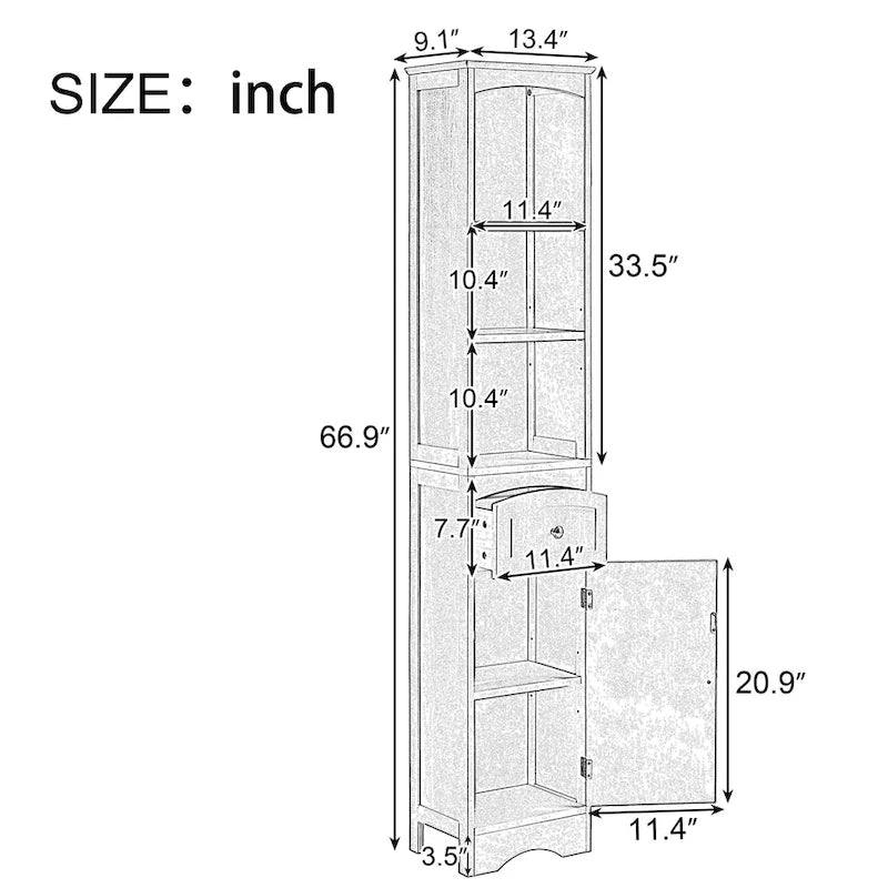 Tall Freestanding Bathroom Storage Cabinet with Drawer Open Shelves White Painted