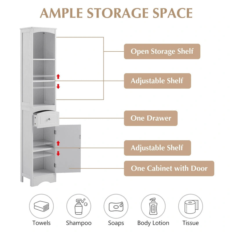 Tall Freestanding Bathroom Storage Cabinet with Drawer Open Shelves White Painted