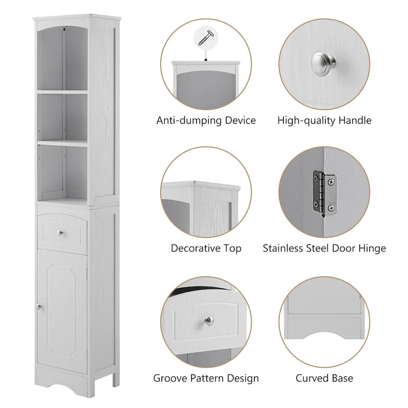 Tall Freestanding Bathroom Storage Cabinet with Drawer Open Shelves White Painted