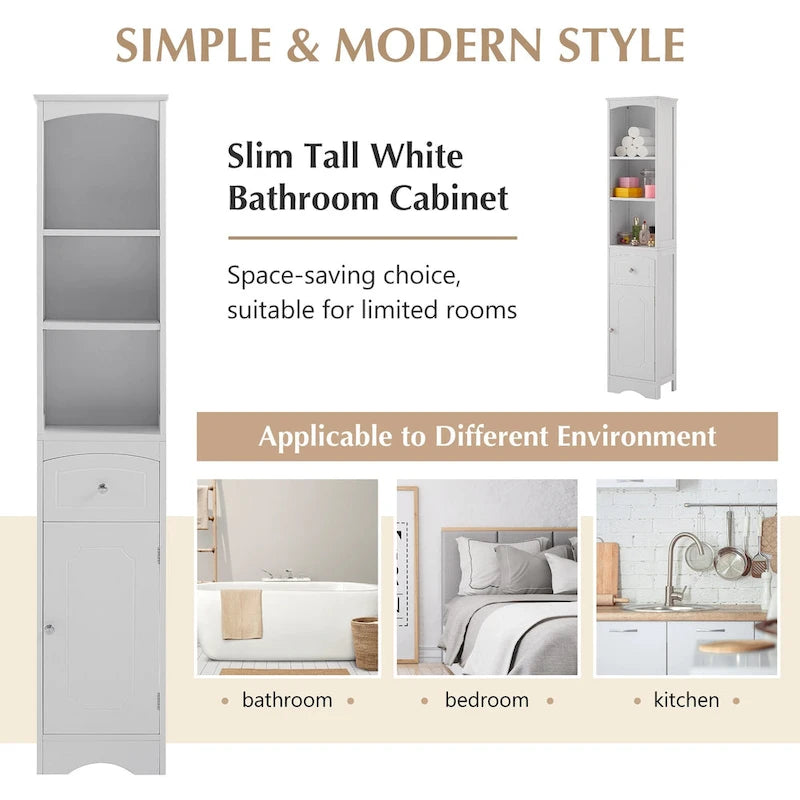 Tall Freestanding Bathroom Storage Cabinet with Drawer Open Shelves White Painted