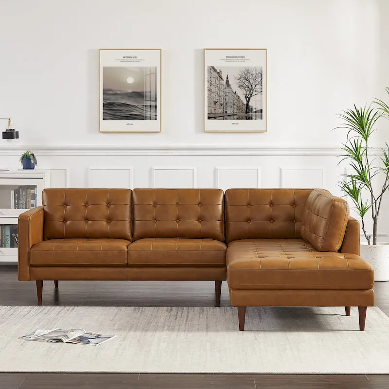 Mid-Century Tufted Genuine Leather L-Shaped Sofa Tan Walnut Legs
