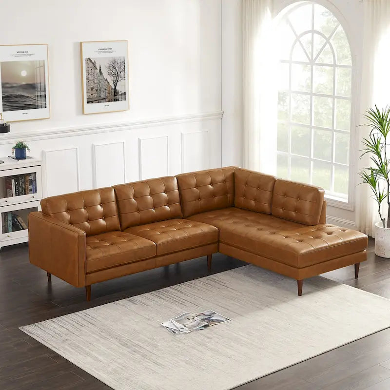 Mid-Century Tufted Genuine Leather L-Shaped Sofa Tan Walnut Legs