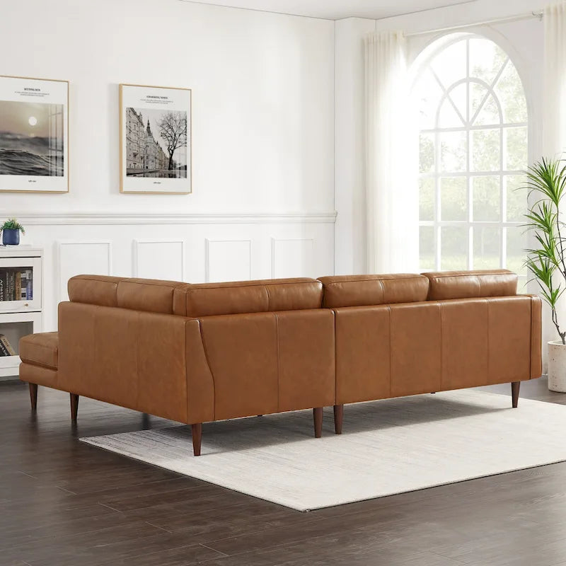 Mid-Century Tufted Genuine Leather L-Shaped Sofa Tan Walnut Legs