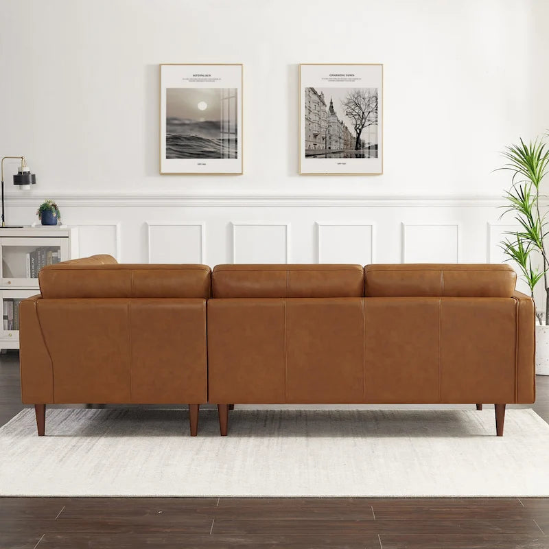 Mid-Century Tufted Genuine Leather L-Shaped Sofa Tan Walnut Legs