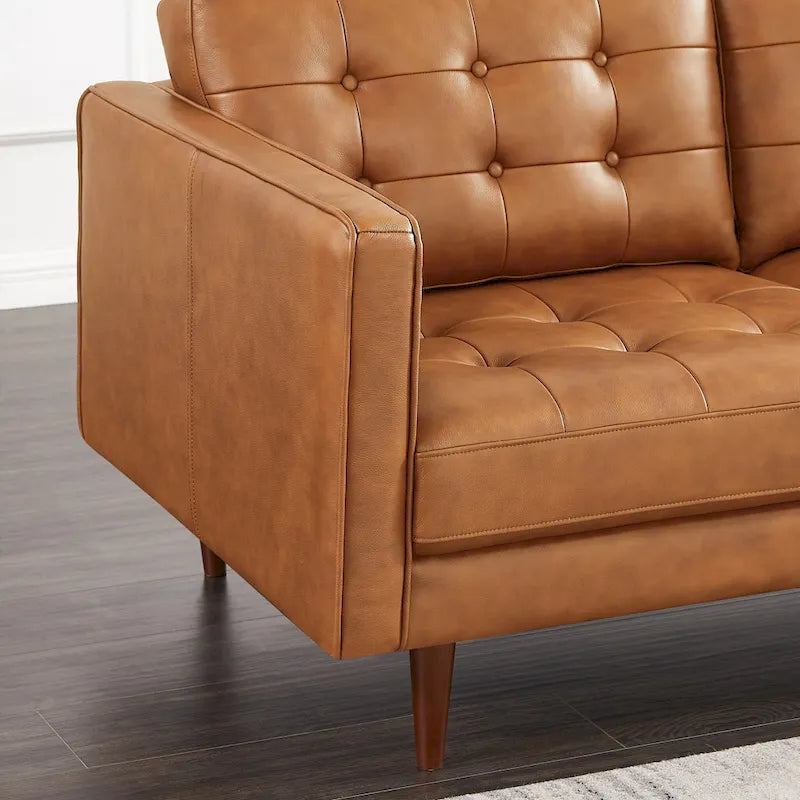 Mid-Century Tufted Genuine Leather L-Shaped Sofa Tan Walnut Legs