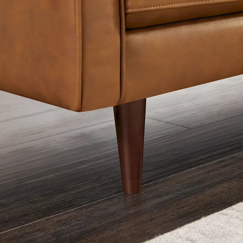 Mid-Century Tufted Genuine Leather L-Shaped Sofa Tan Walnut Legs