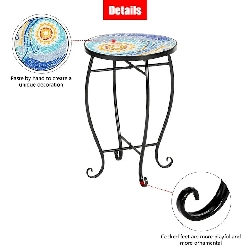 Round Mosaic Glass Top Accent Side Table Indoor Outdoor Blue Green Yellow
