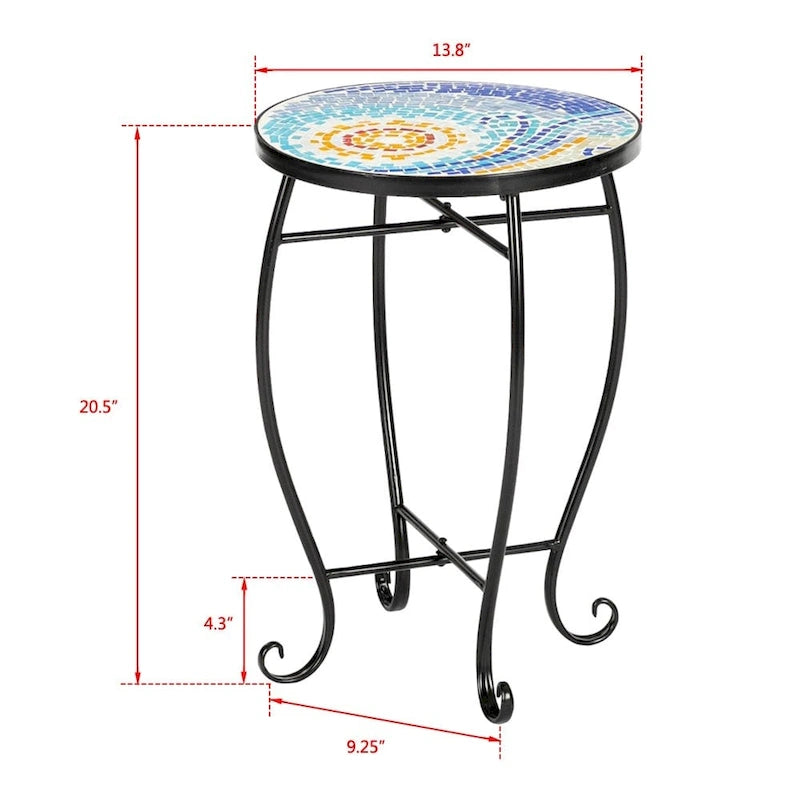 Round Mosaic Glass Top Accent Side Table Indoor Outdoor Blue Green Yellow