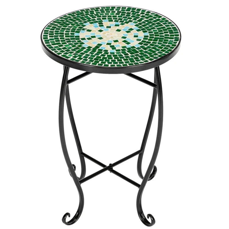 Round Mosaic Glass Top Accent Side Table Indoor Outdoor Blue Green Yellow