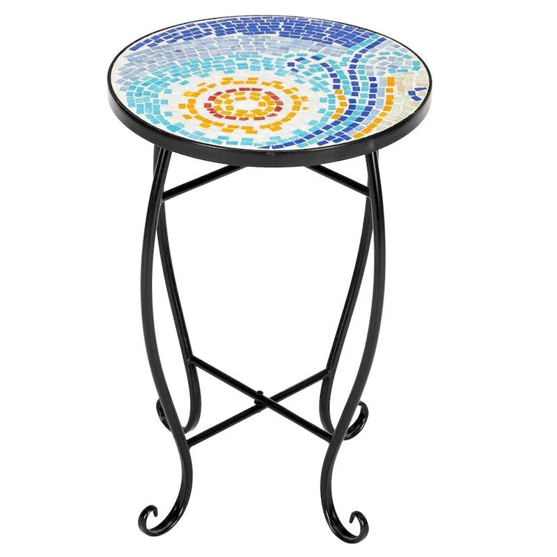Round Mosaic Glass Top Accent Side Table Indoor Outdoor Blue Green Yellow