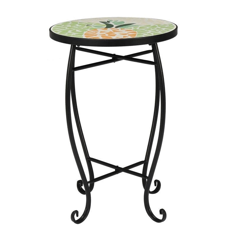 Round Mosaic Glass Top Accent Side Table Indoor Outdoor Blue Green Yellow