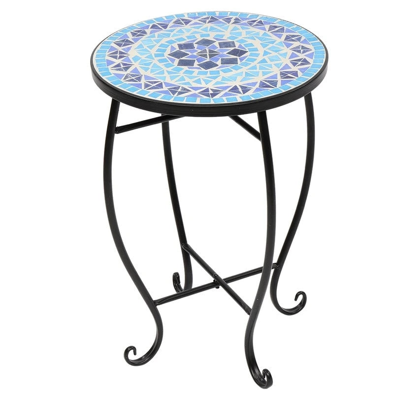 Round Mosaic Glass Top Accent Side Table Indoor Outdoor Blue Green Yellow