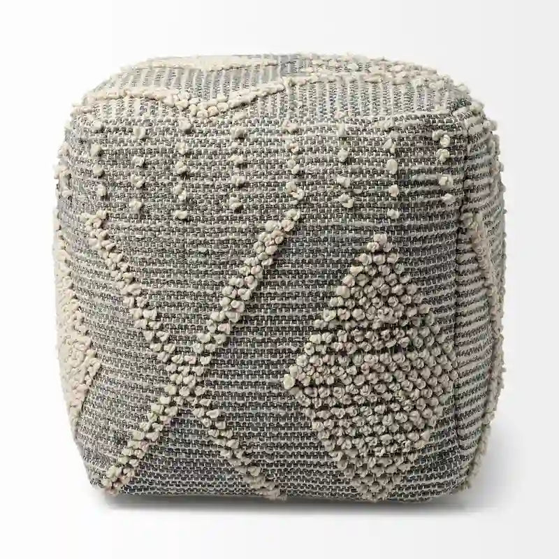 Grey Cream Handwoven Recycled Polyester Square Cube Pouf Ottoman Accent