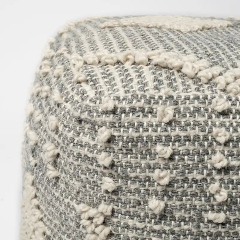 Grey Cream Handwoven Recycled Polyester Square Cube Pouf Ottoman Accent