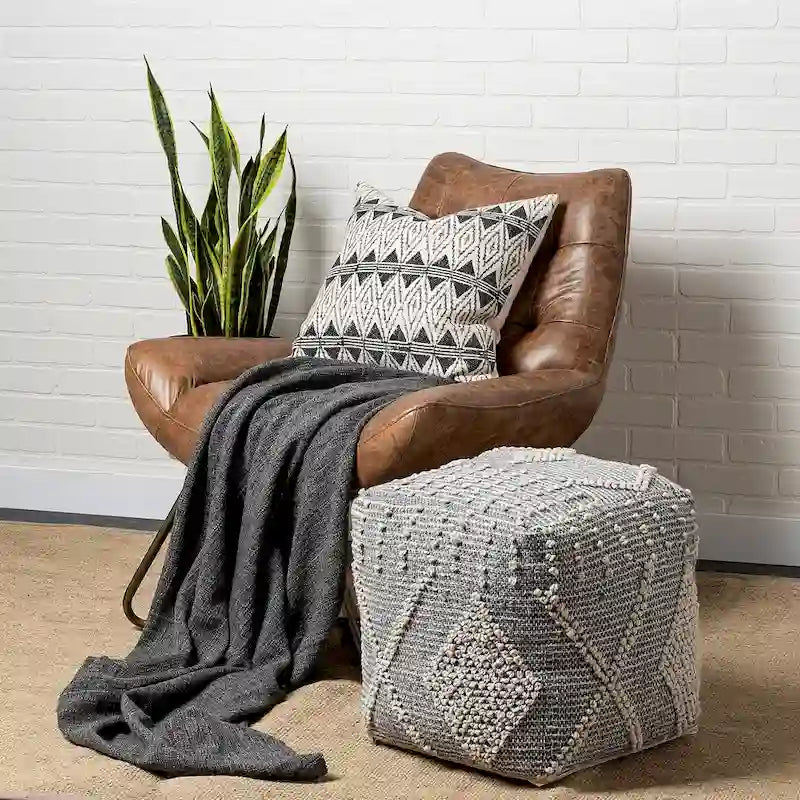 Grey Cream Handwoven Recycled Polyester Square Cube Pouf Ottoman Accent