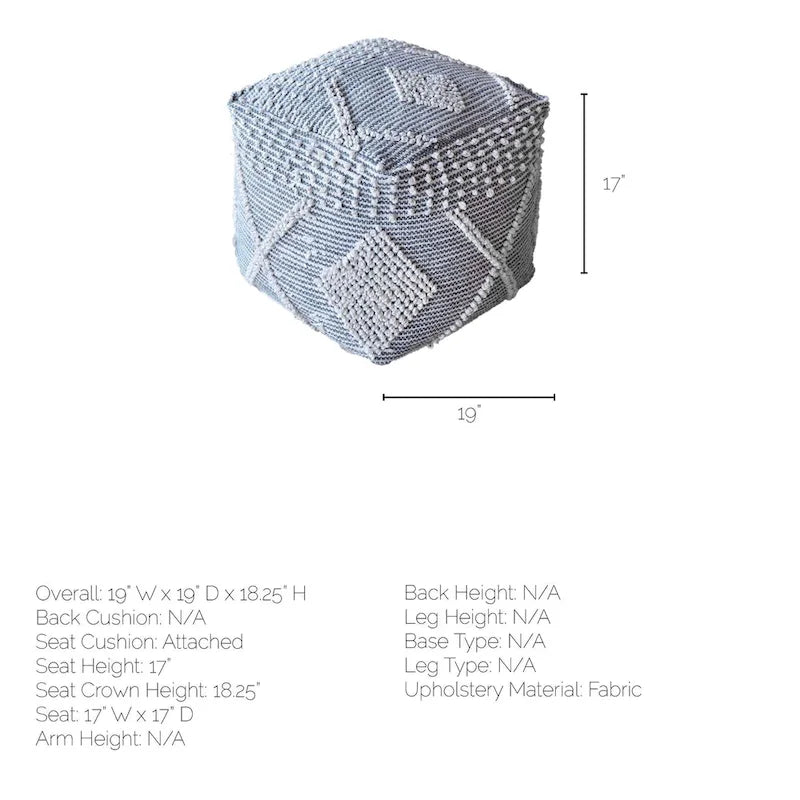 Grey Cream Handwoven Recycled Polyester Square Cube Pouf Ottoman Accent
