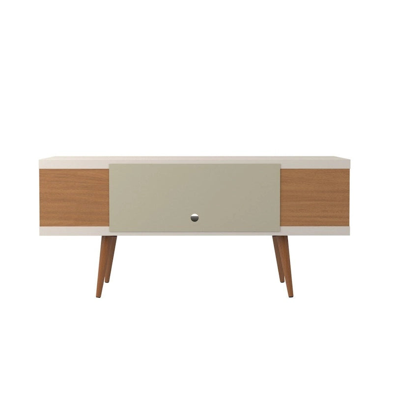 Free Standing TV Media Cabinet Console with Open Shelves and Splayed Wood Legs Cream White