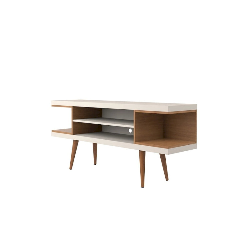 Free Standing TV Media Cabinet Console with Open Shelves and Splayed Wood Legs Cream White