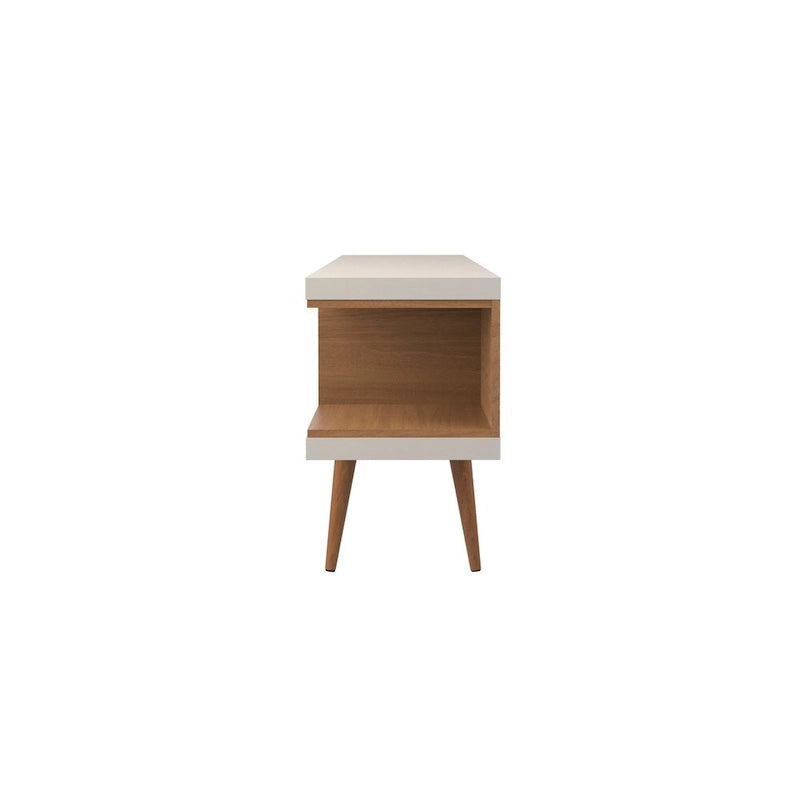 Free Standing TV Media Cabinet Console with Open Shelves and Splayed Wood Legs Cream White