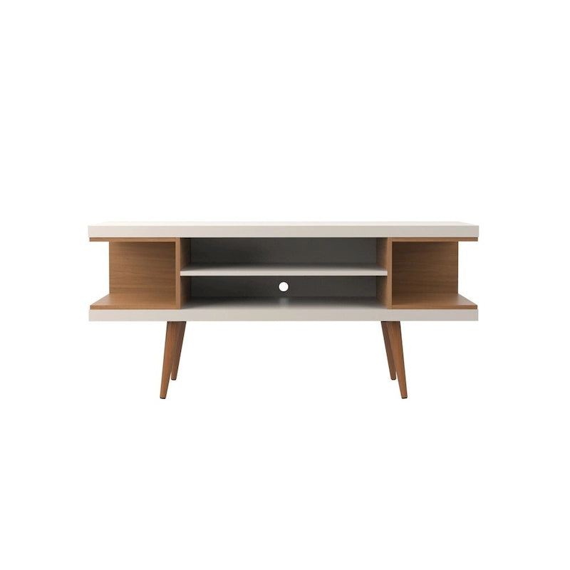 Free Standing TV Media Cabinet Console with Open Shelves and Splayed Wood Legs Cream White