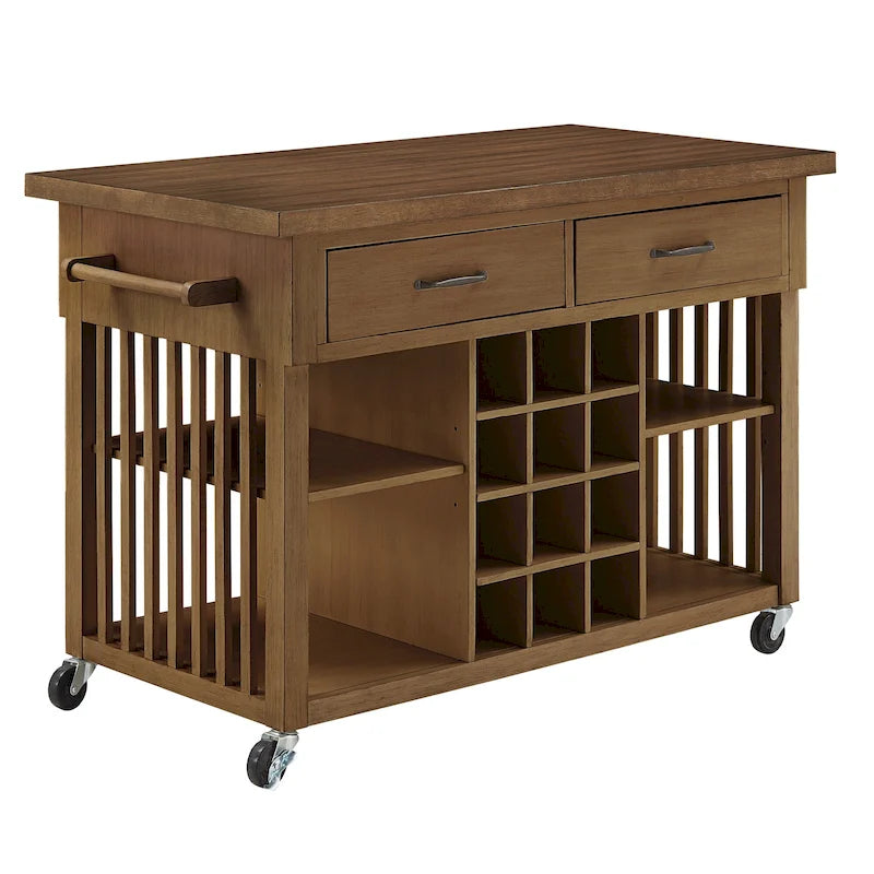 Rolling Kitchen Island Cart with Wine Rack Drawers Oak Finish