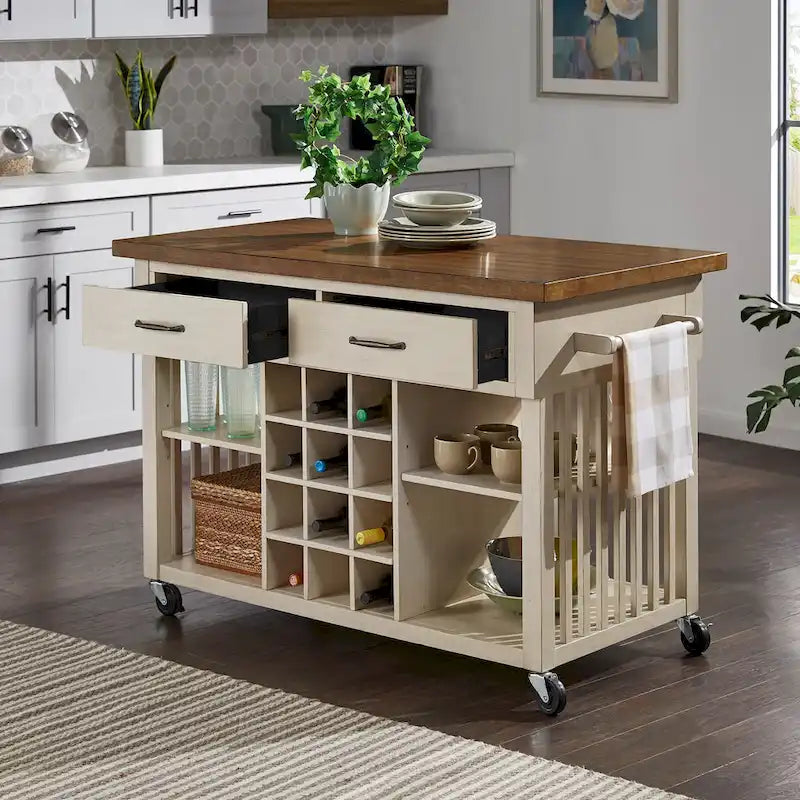 Rolling Kitchen Island Cart with Wine Rack Drawers Oak Finish