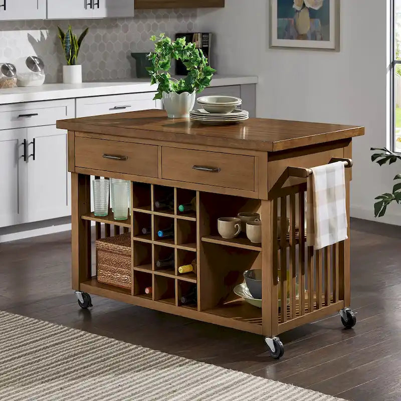 Rolling Kitchen Island Cart with Wine Rack Drawers Oak Finish