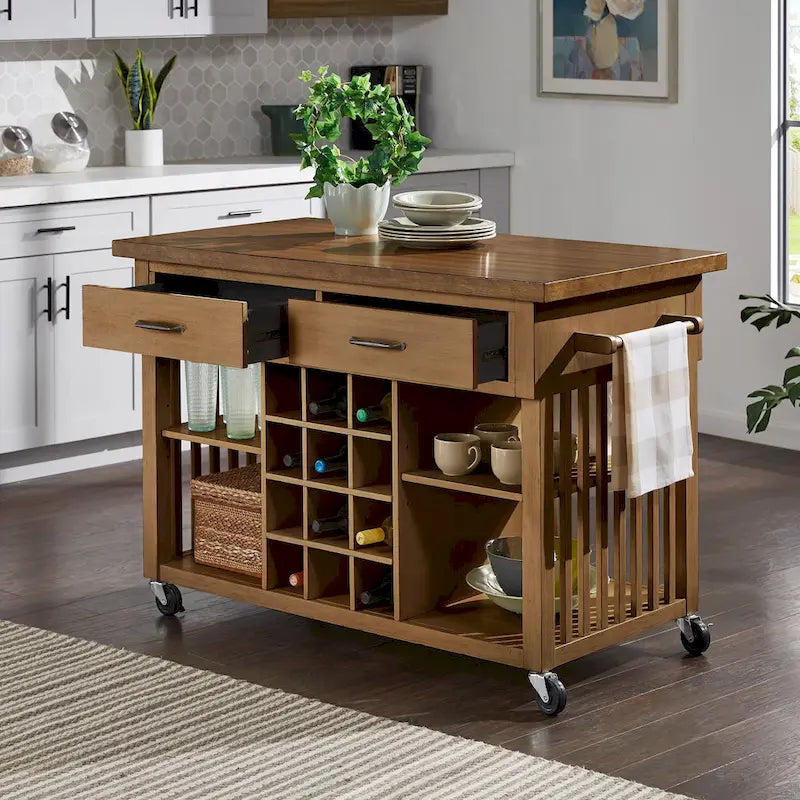 Rolling Kitchen Island Cart with Wine Rack Drawers Oak Finish