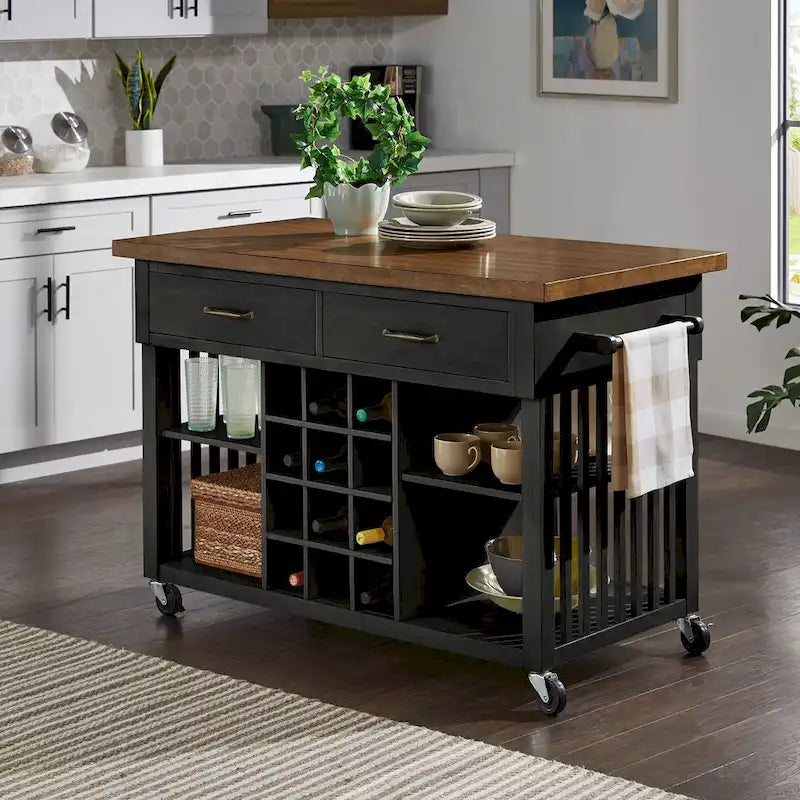 Rolling Kitchen Island Cart with Wine Rack Drawers Oak Finish