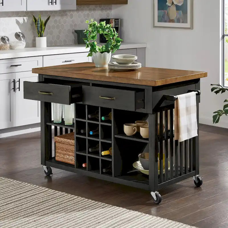 Rolling Kitchen Island Cart with Wine Rack Drawers Oak Finish