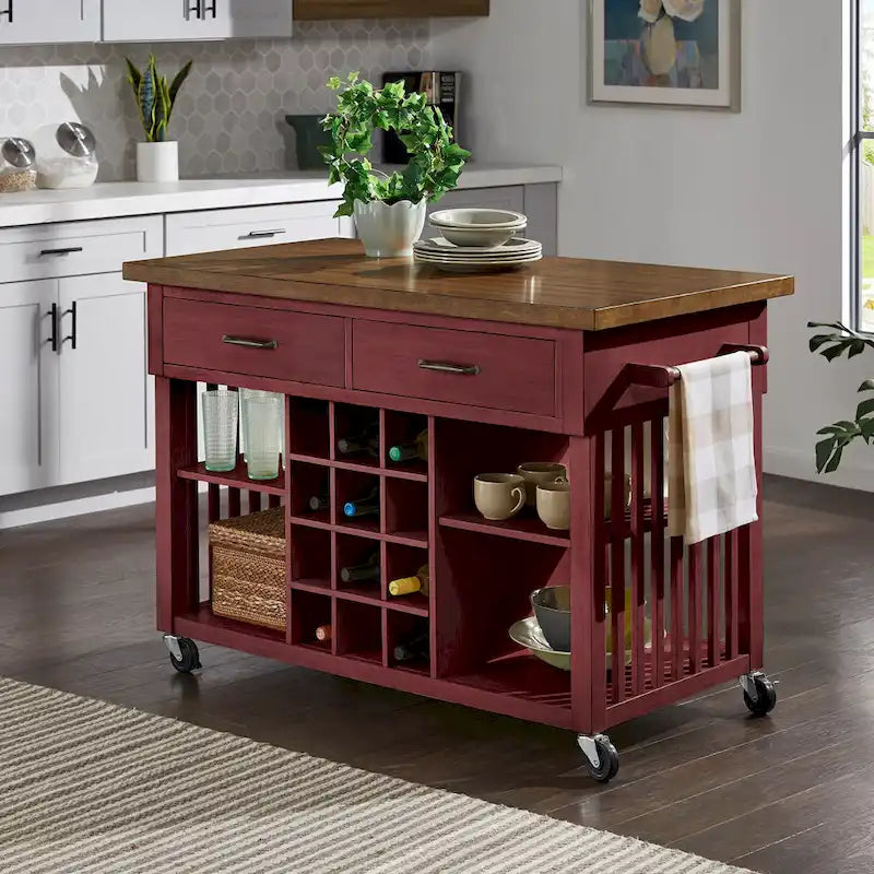 Rolling Kitchen Island Cart with Wine Rack Drawers Oak Finish