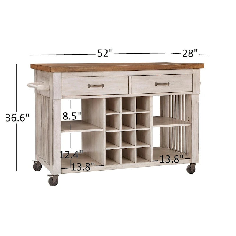 Rolling Kitchen Island Cart with Wine Rack Drawers Oak Finish