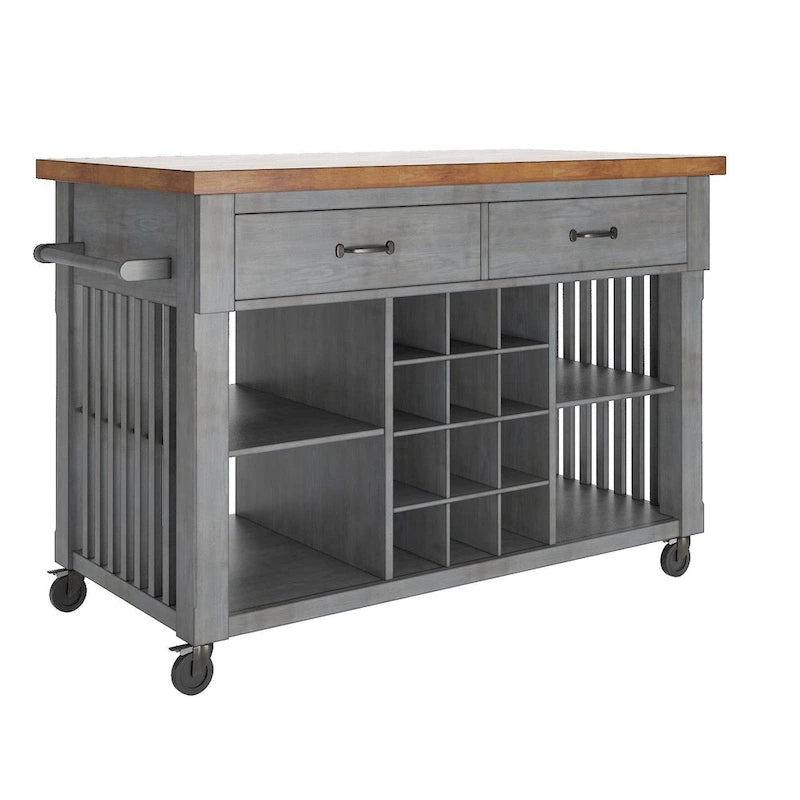 Rolling Kitchen Island Cart with Wine Rack Drawers Oak Finish
