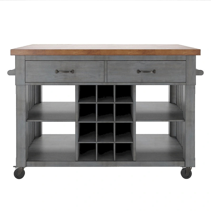 Rolling Kitchen Island Cart with Wine Rack Drawers Oak Finish