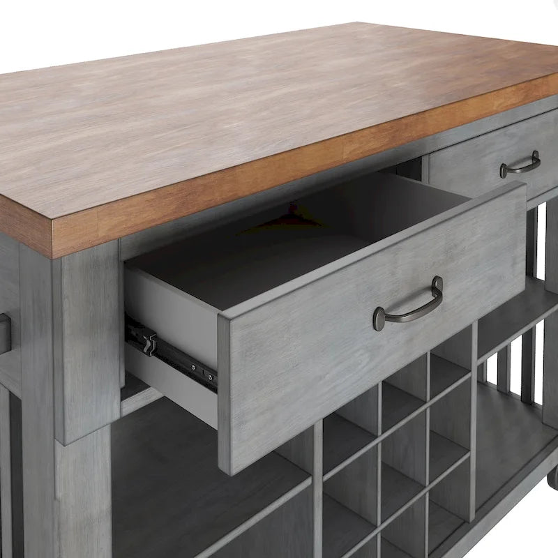 Rolling Kitchen Island Cart with Wine Rack Drawers Oak Finish