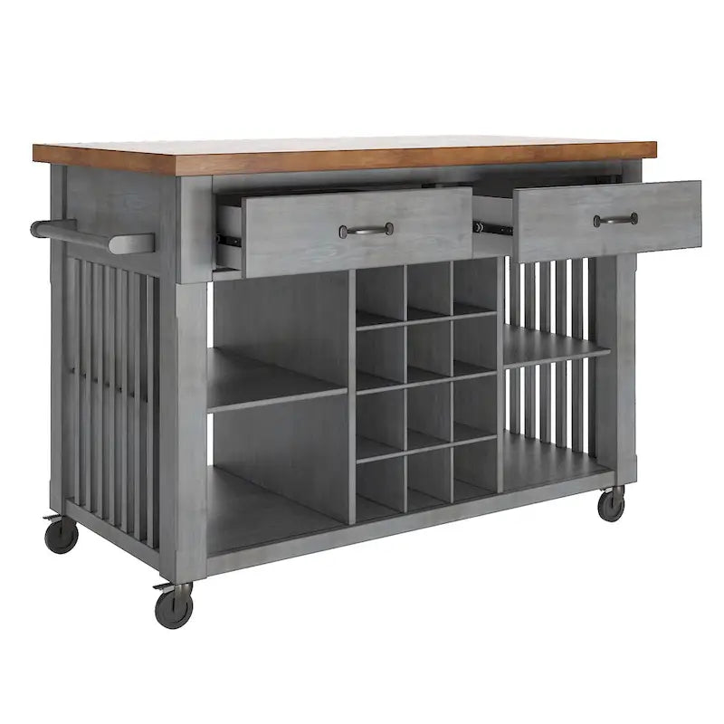 Rolling Kitchen Island Cart with Wine Rack Drawers Oak Finish