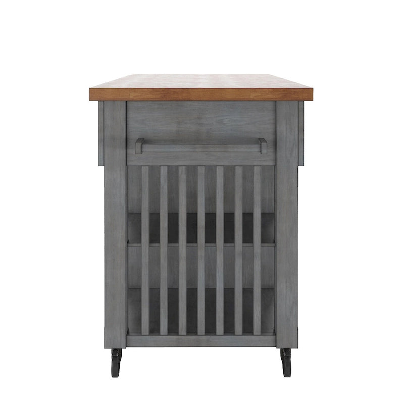 Rolling Kitchen Island Cart with Wine Rack Drawers Oak Finish