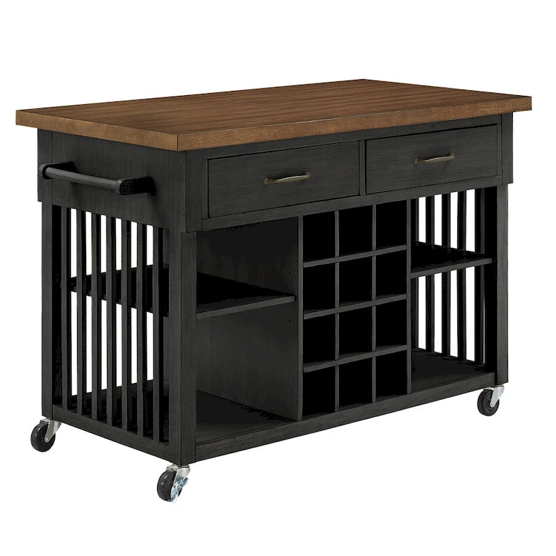 Rolling Kitchen Island Cart with Wine Rack Drawers Oak Finish